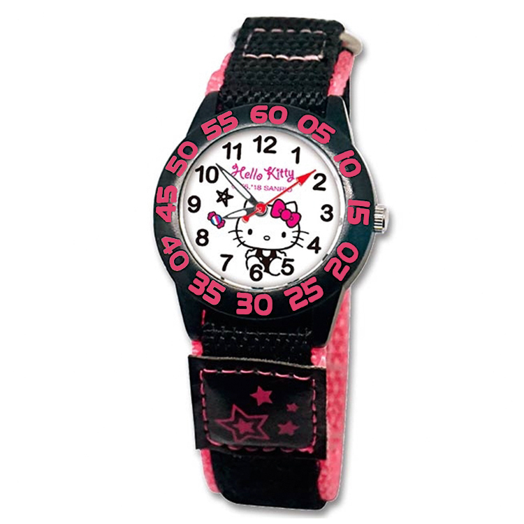 【三麗鷗】Hello Kitty雙色尼龍自黏織帶錶 (黑粉)