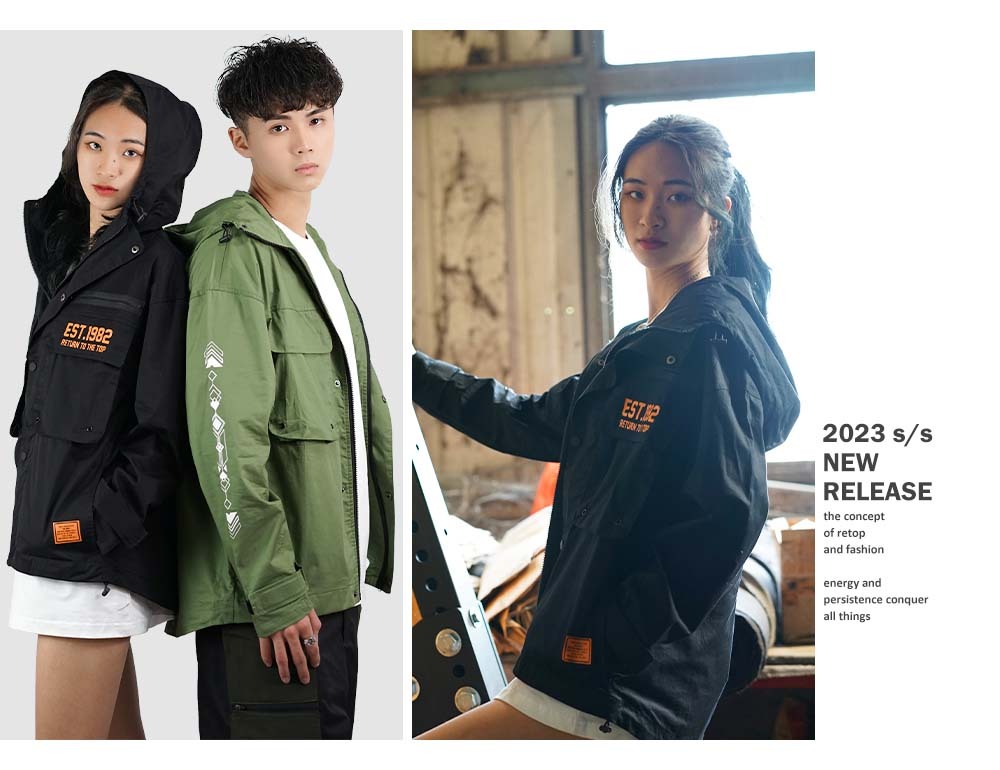 RETOP 工裝軍風 軍風口袋連帽薄外套 黑