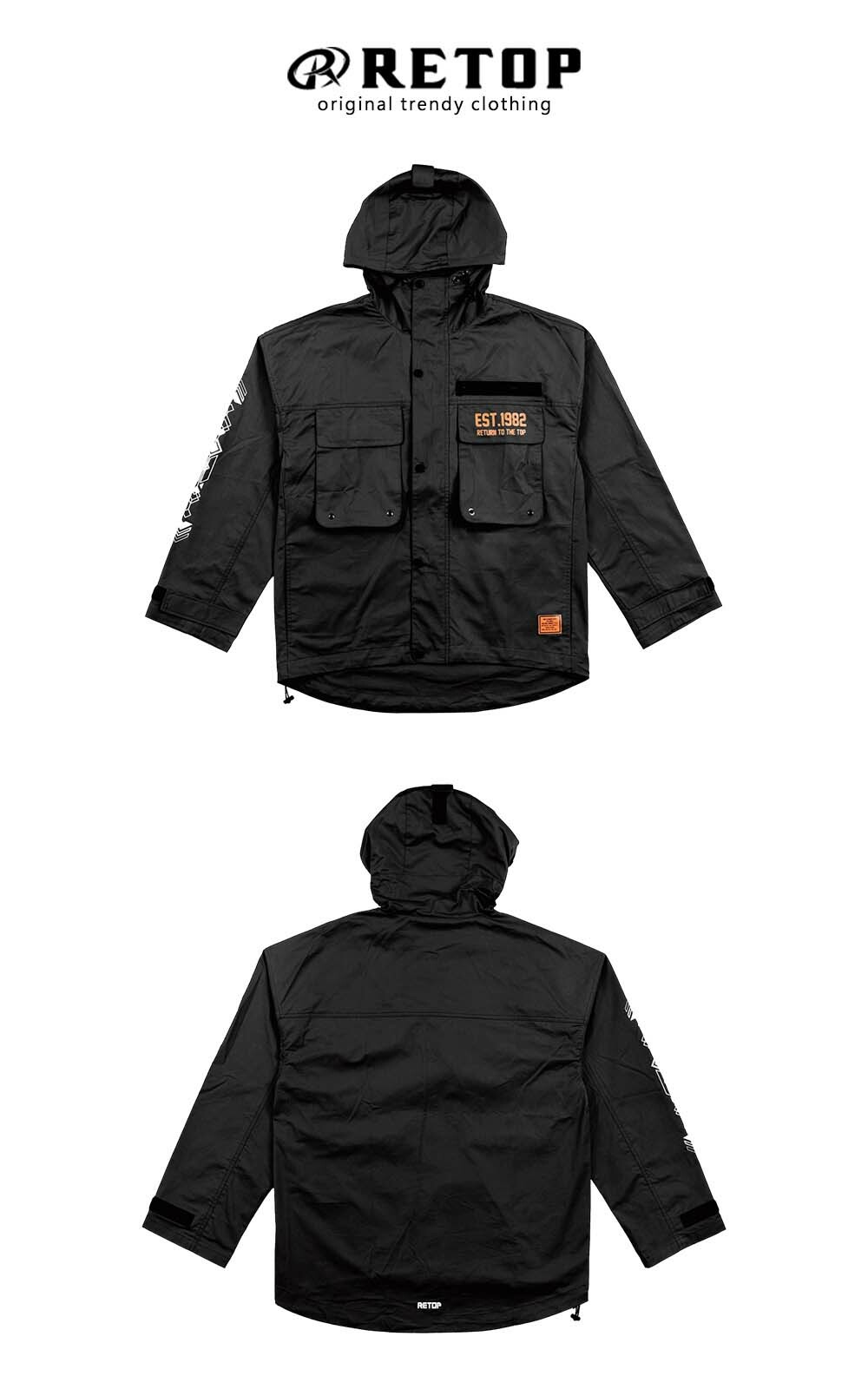 RETOP 工裝軍風 軍風口袋連帽薄外套 黑