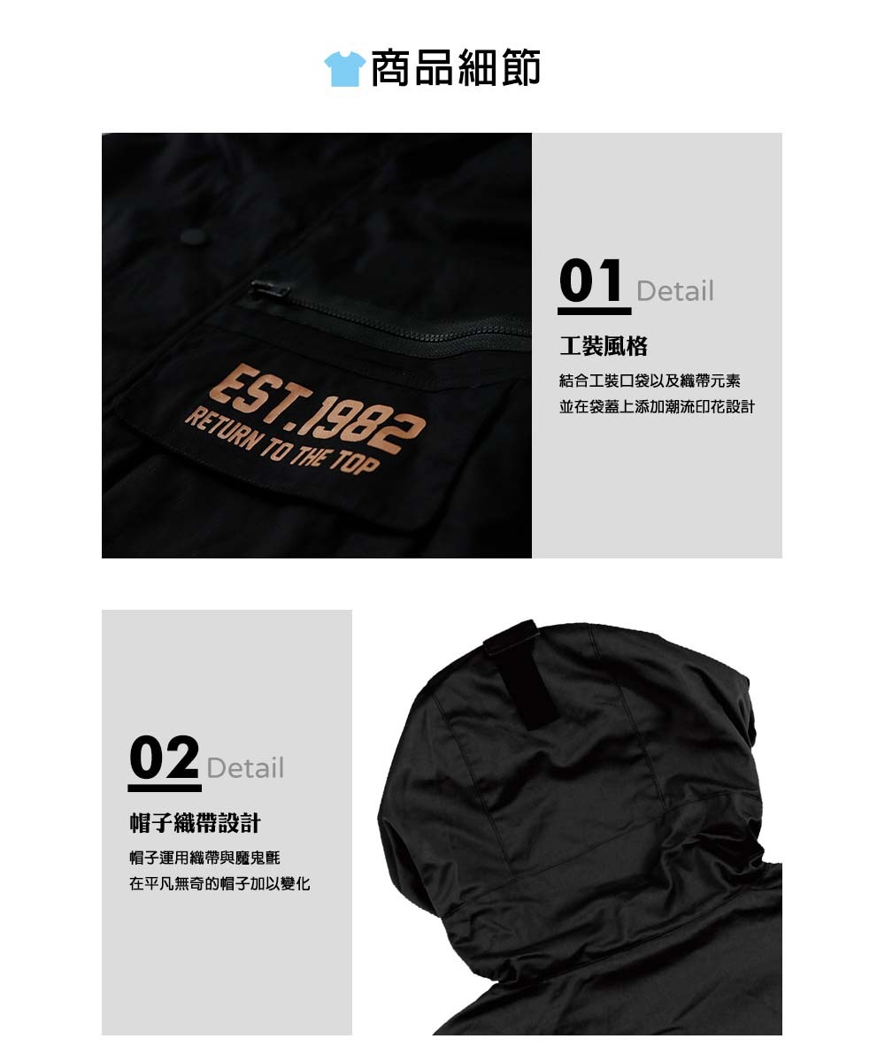 工裝風格:結合工裝口袋以及織帶元素,並在袋蓋上添加潮流印花設計。帽子織帶設計:帽子運用織帶與魔鬼氈,在平凡無奇的帽子加以變化。