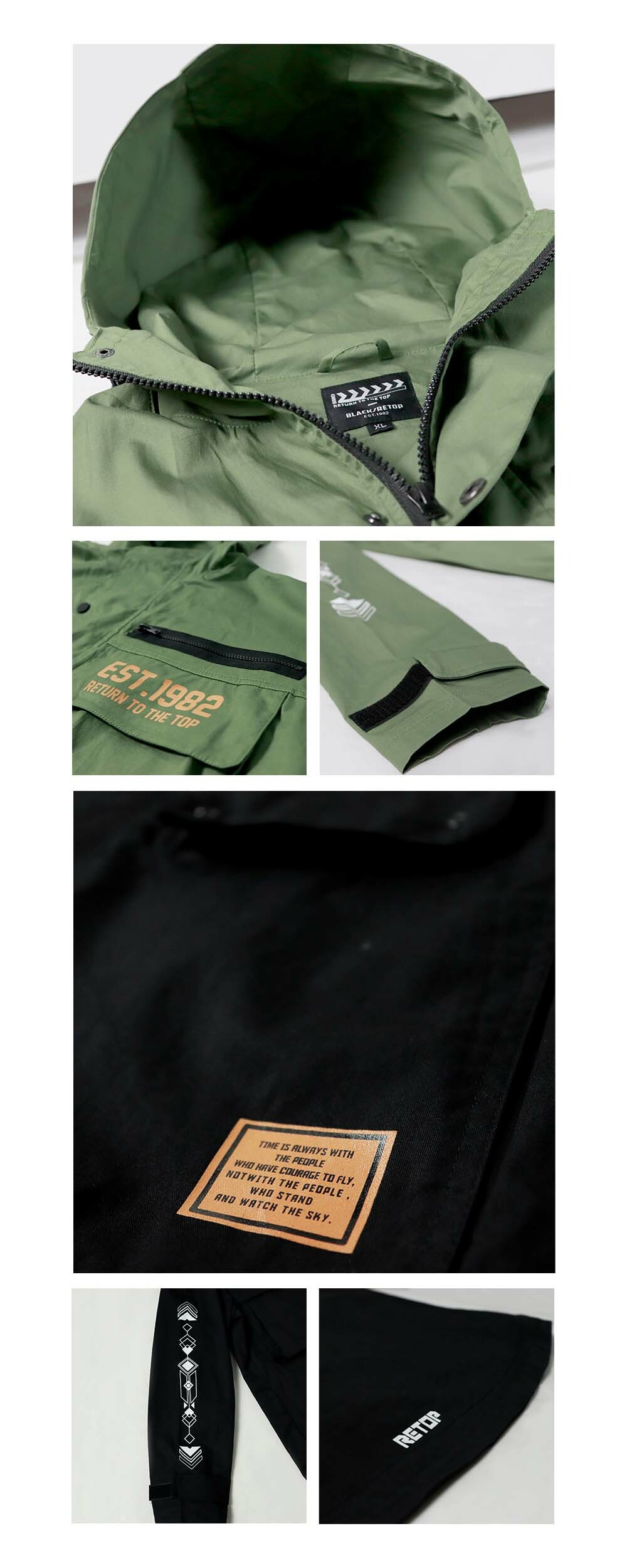 RETOP 工裝軍風 軍風口袋連帽薄外套 黑