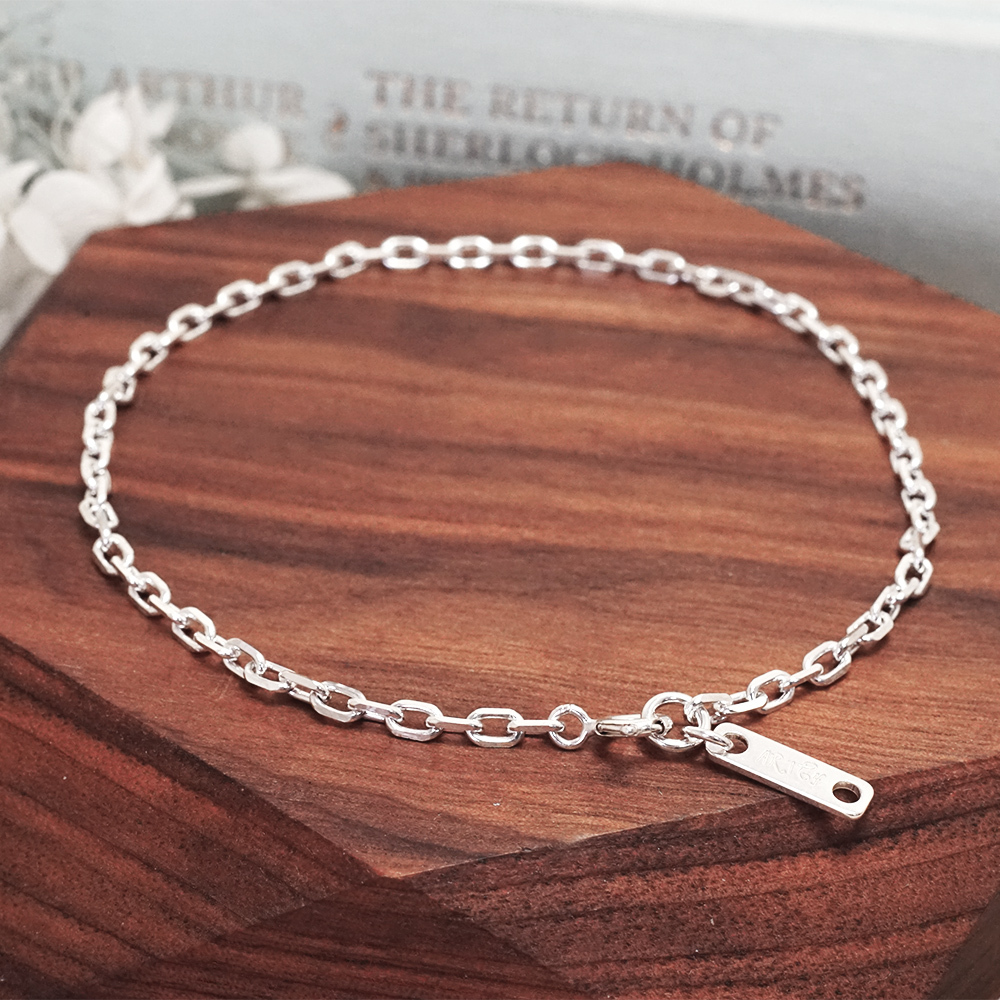 方形稜角 腳踝鍊 銀白款設計 925純銀腳鍊 刻字訂製 男女皆宜