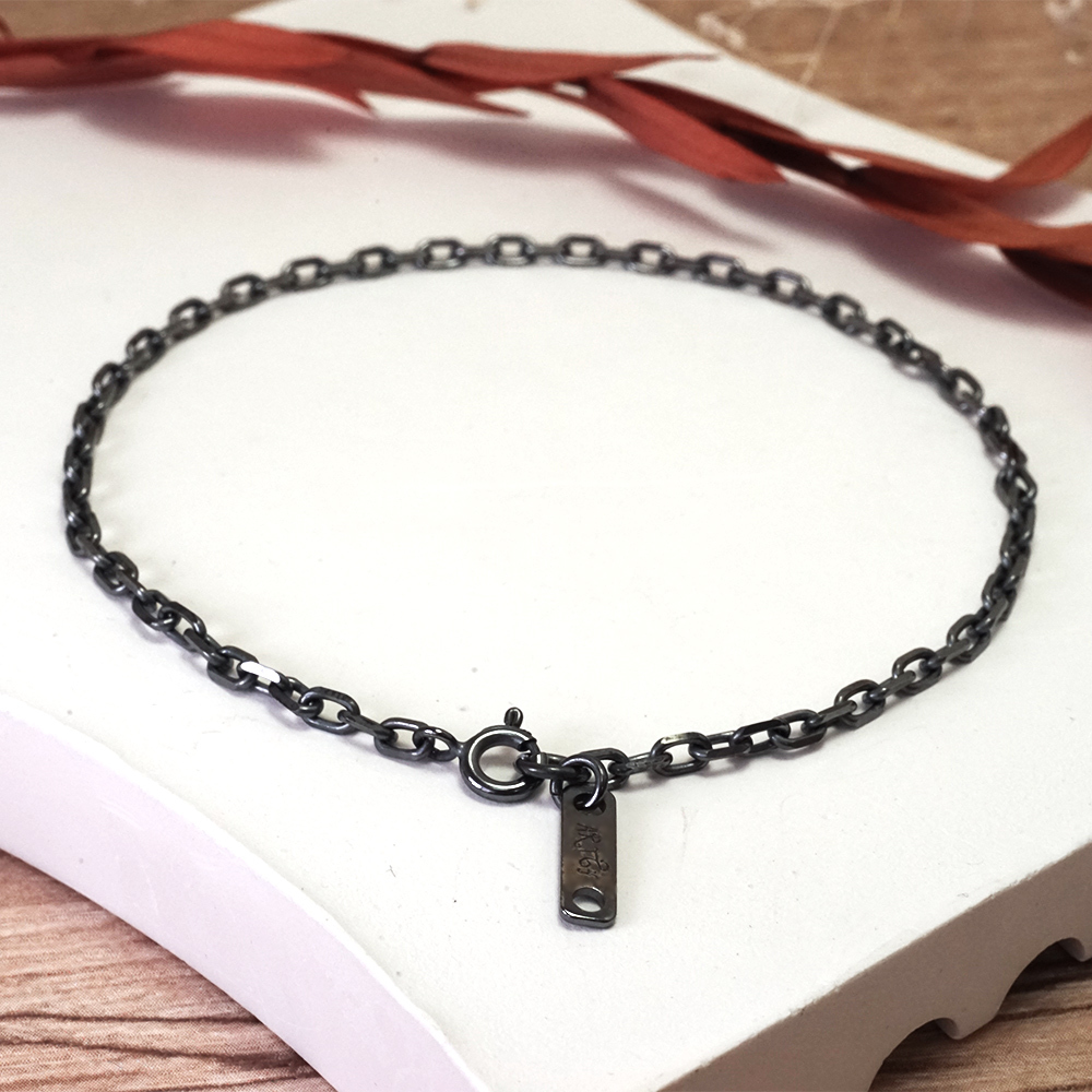 方形稜角 腳踝鍊 復古黑設計 925純銀腳鍊 刻字訂製 男女皆宜