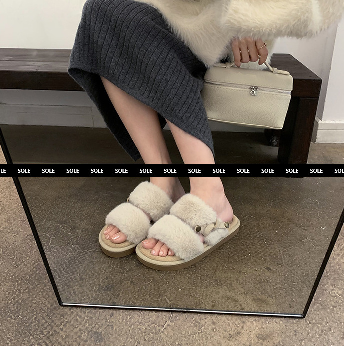 麂皮扭轉 毛毛拖鞋(35-40)(咖棕/奶白)