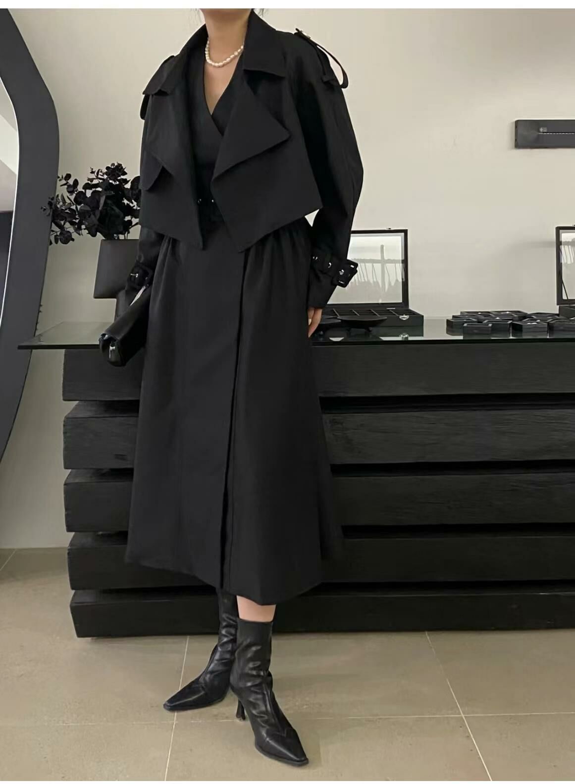 風衣外套+洋裝(2件組)(黑/咖綠)