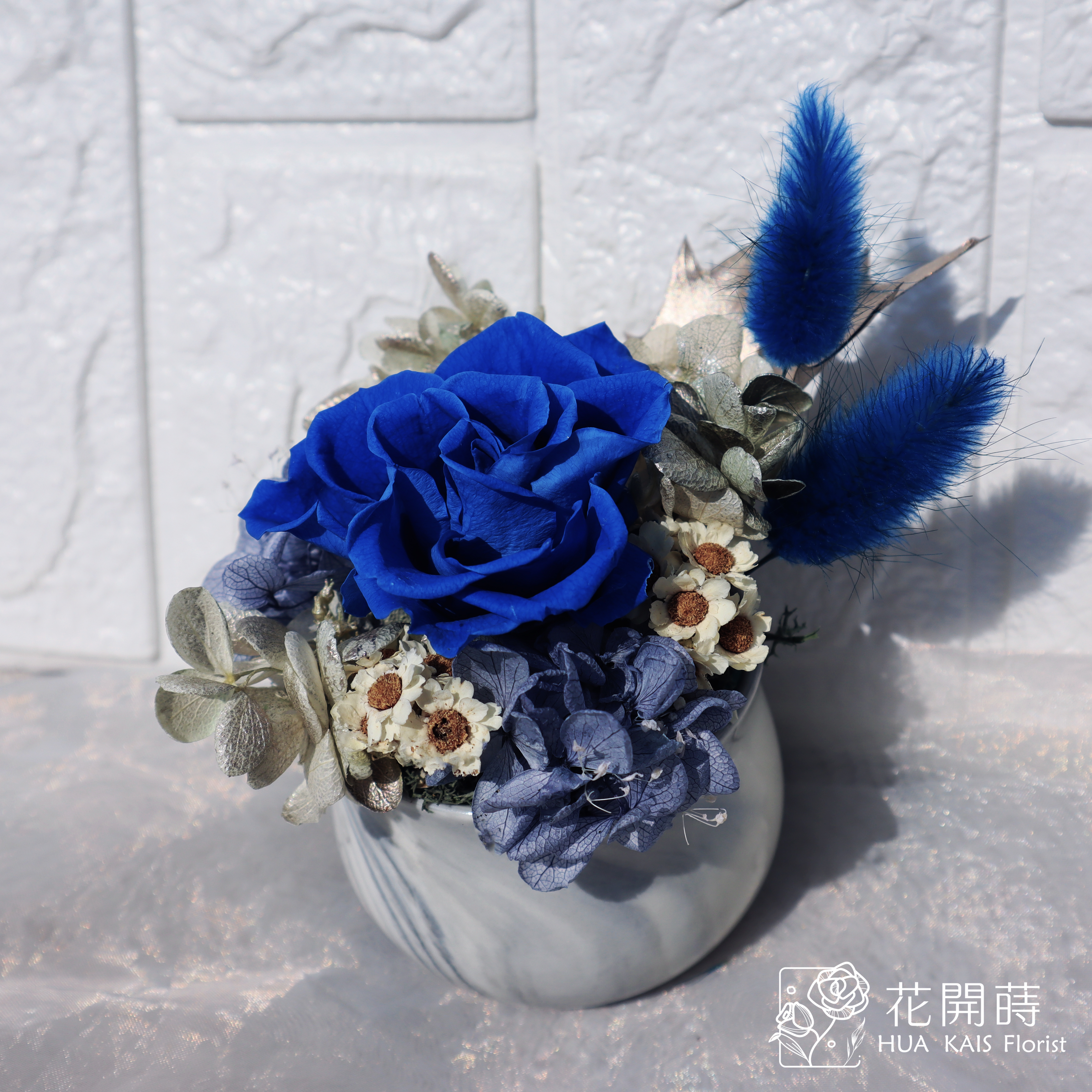迷你小盆栽|典雅藍|永生玫瑰花|辦公室小桌花|永生花禮物