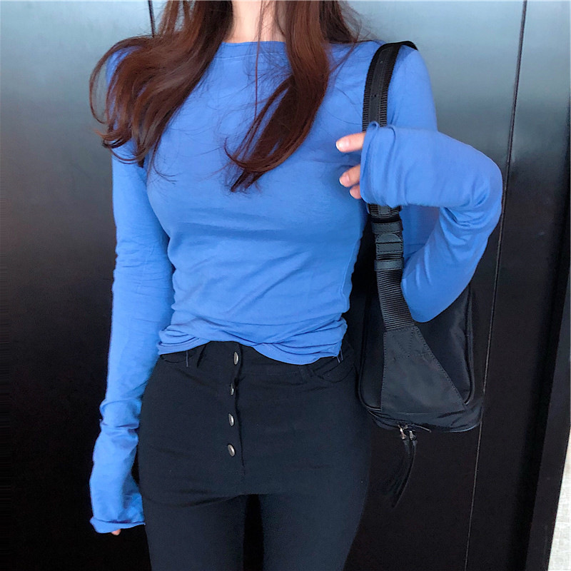 捲邊長袖上衣(黑/白/粉/綠/橘/藍/玫紅)