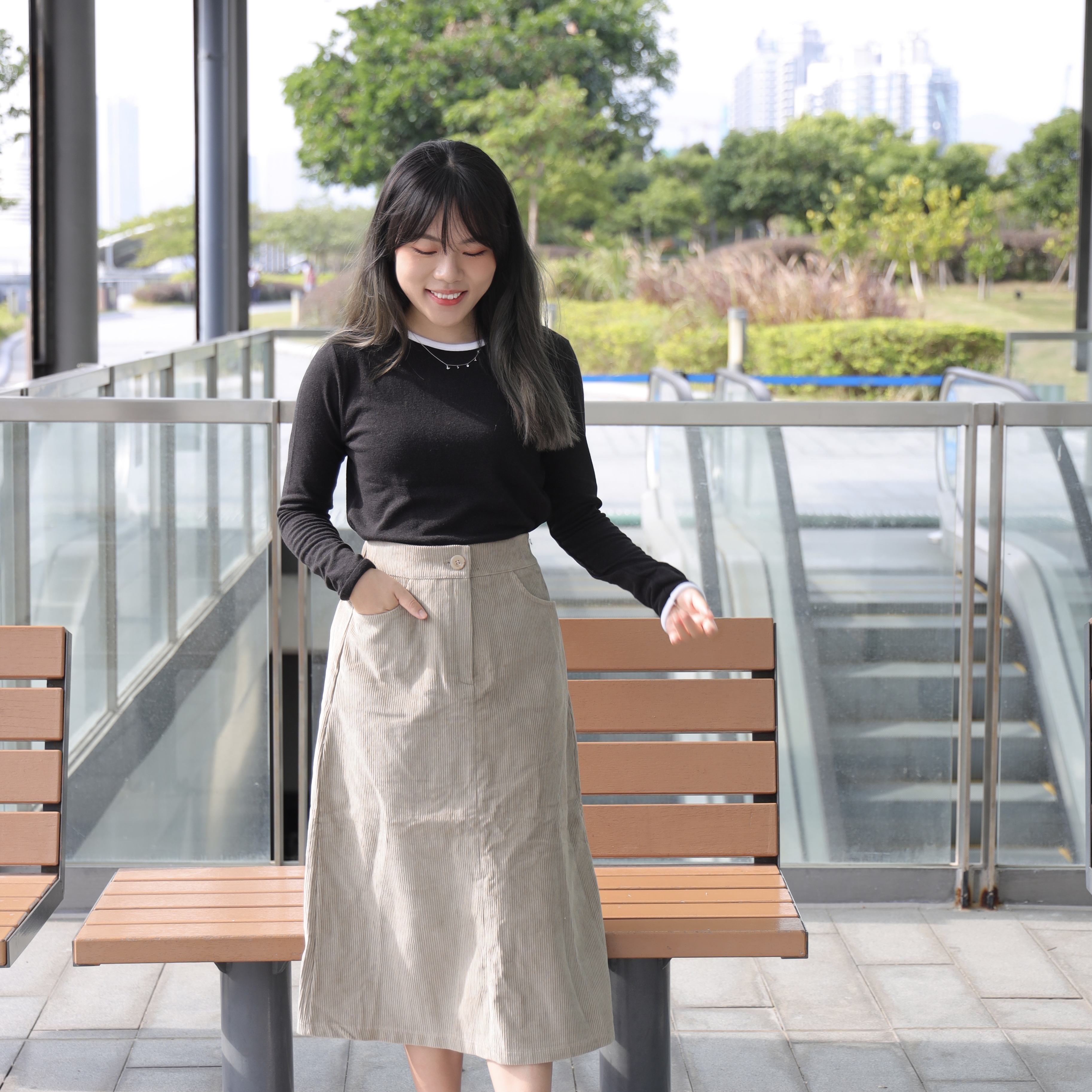 ||skl230||冬款口袋A字燈芯絨長裙