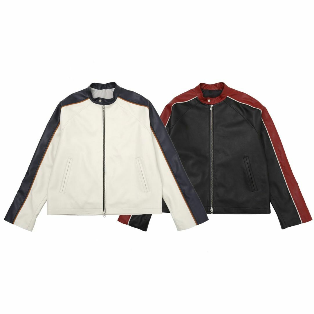 拼色企領拉鍊合成皮褸 DOT-0057JK