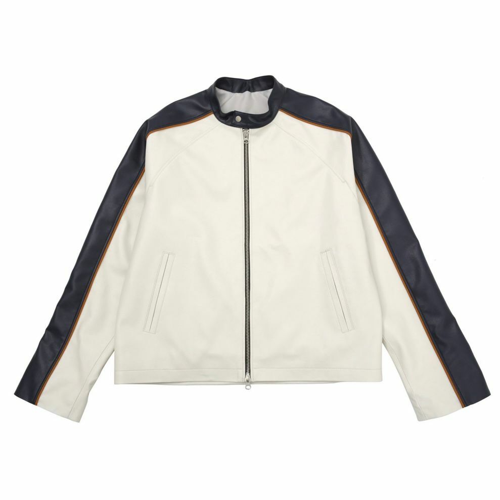 拼色企領拉鍊合成皮褸 DOT-0057JK