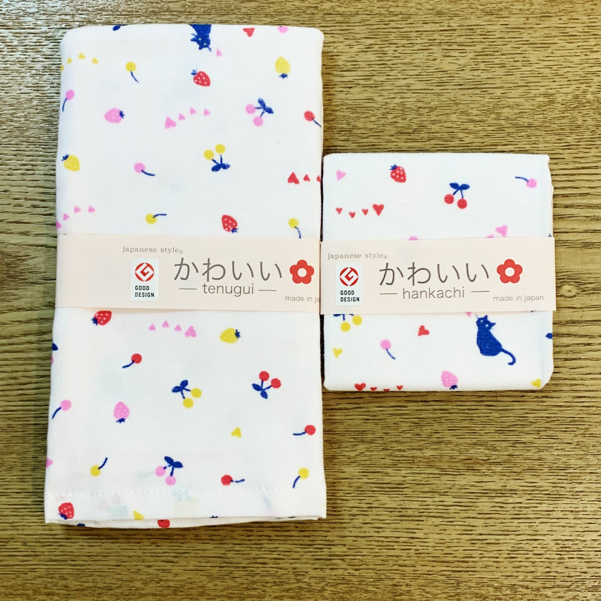 日本製 Tenugui 軟紗圖案毛巾兩枚組-水果+貓咪
