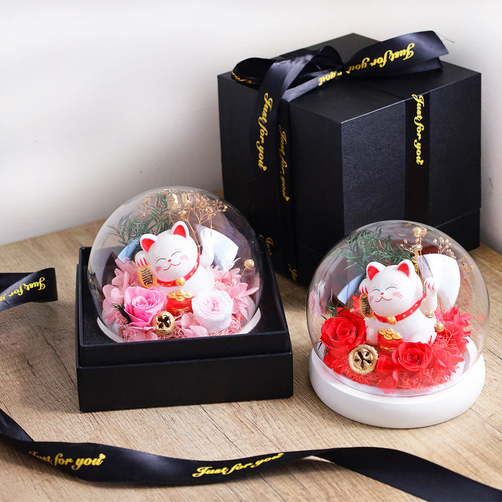 O'Pretty 歐沛媞 開運招財 永生花招財貓玻璃罩-多款