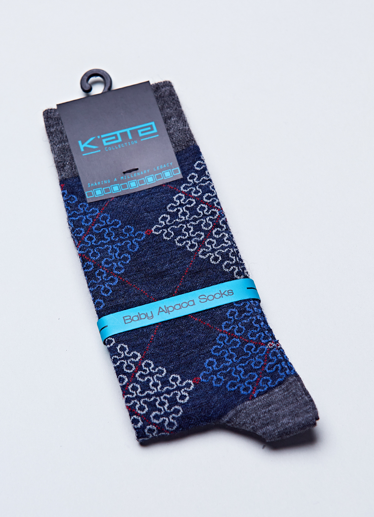 【秘魯國家館】Kata Collection 秘魯幼羊駝精品極致親膚保暖襪-2087US-Navy 格紋圖騰海軍藍-F