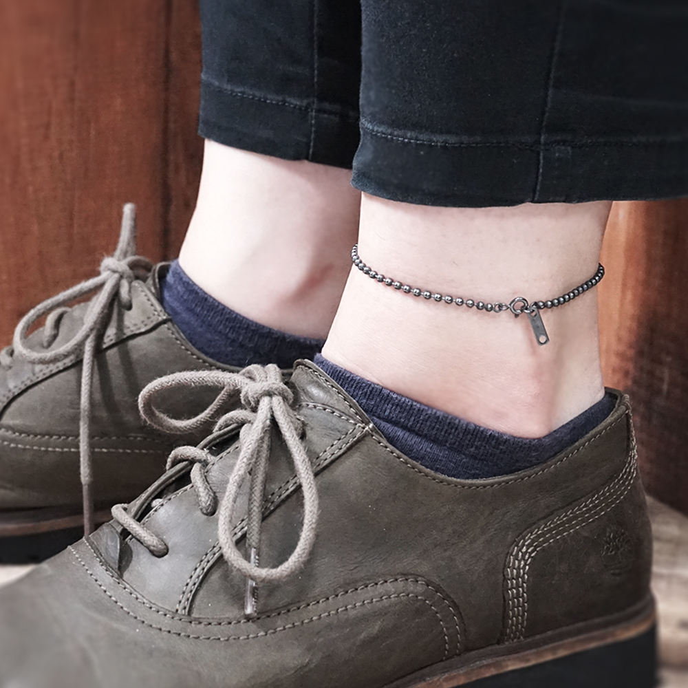 極簡銀珠腳鍊 2.5mm圓珠 復古黑設計 925純銀腳踝鍊 刻字訂製 男女皆宜