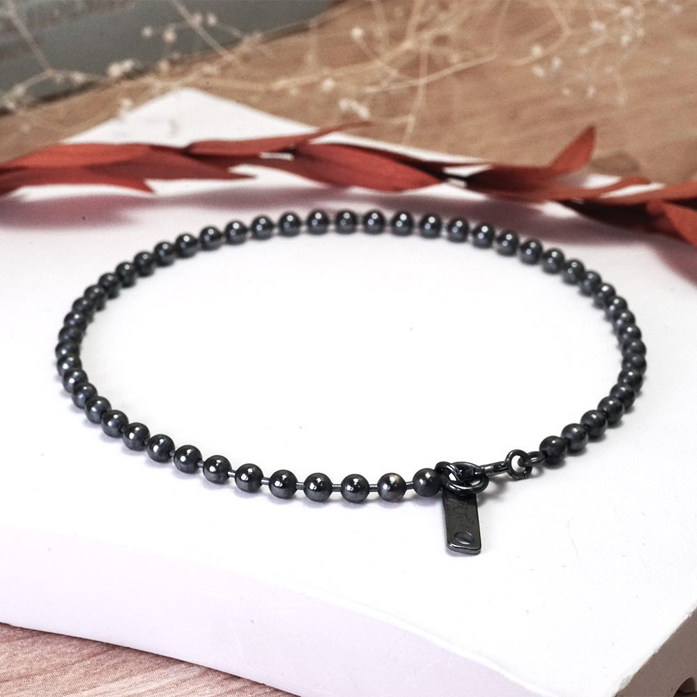 極簡銀珠腳鍊 3mm圓珠 復古黑設計 925純銀腳踝鍊 刻字訂製 男女皆宜