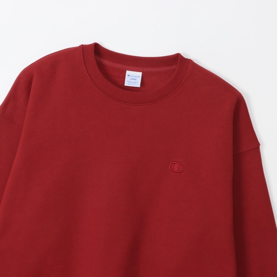 男款-ACTION STYLE 寬版刺繡LOGO純色長袖大學T-深紅（C3-Y034-109）