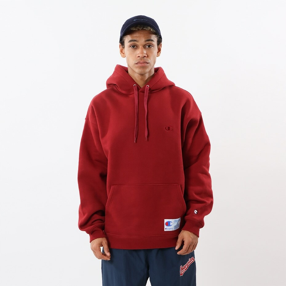 男款-ACTION STYLE 寬版刺繡LOGO純色連帽衛衣-深紅