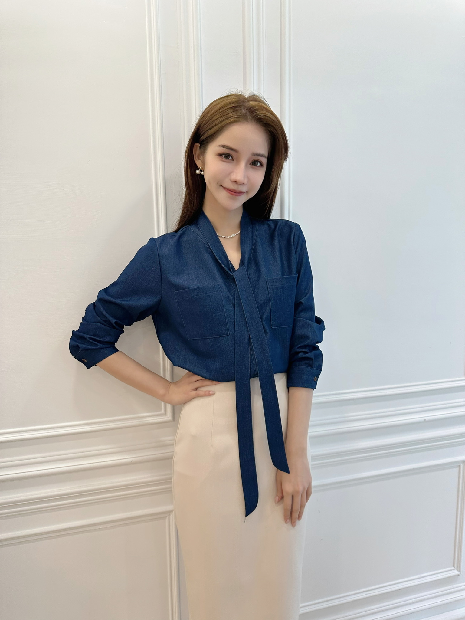 ( JS )天絲牛仔藍領巾上衣