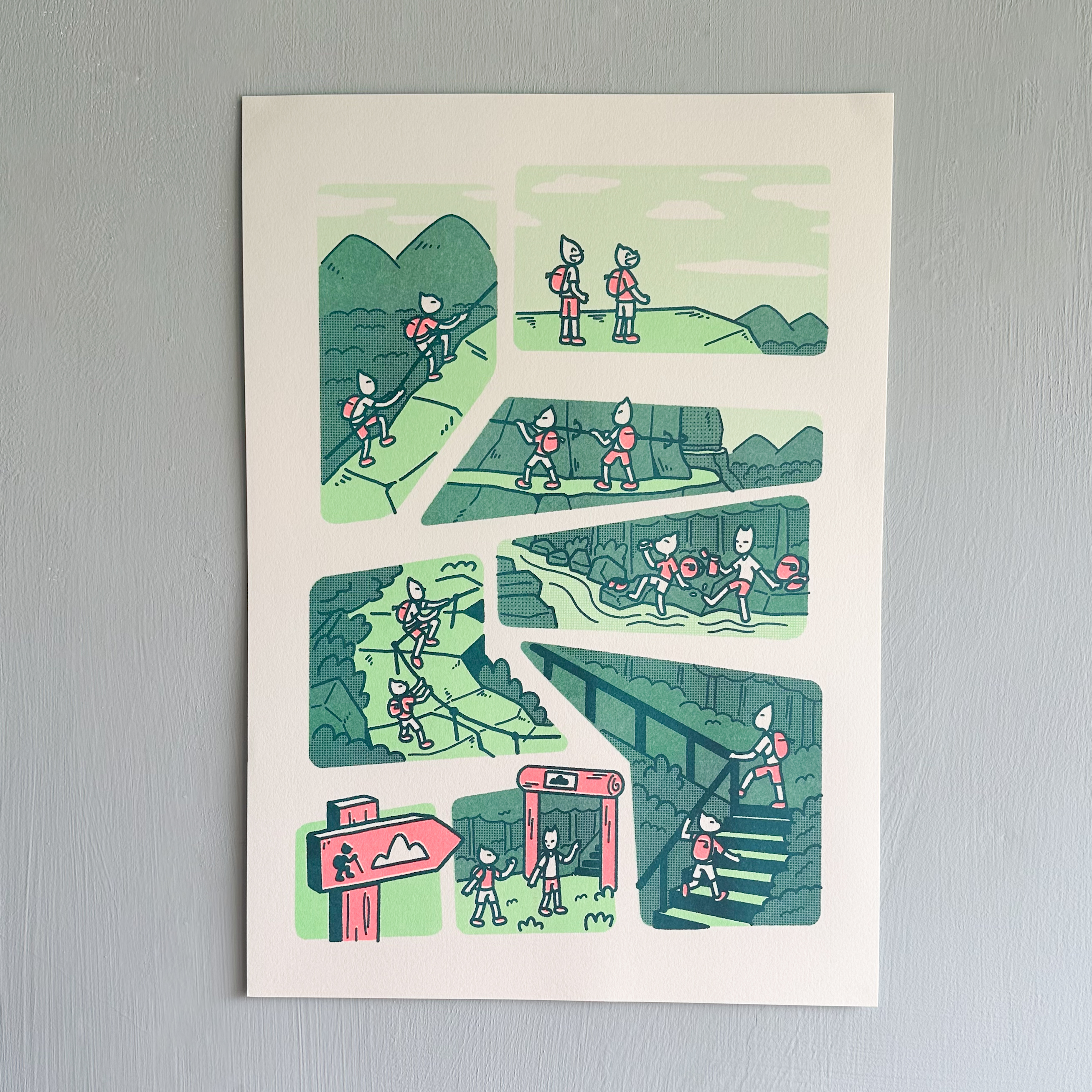 喵五孔版印刷海報-爬山