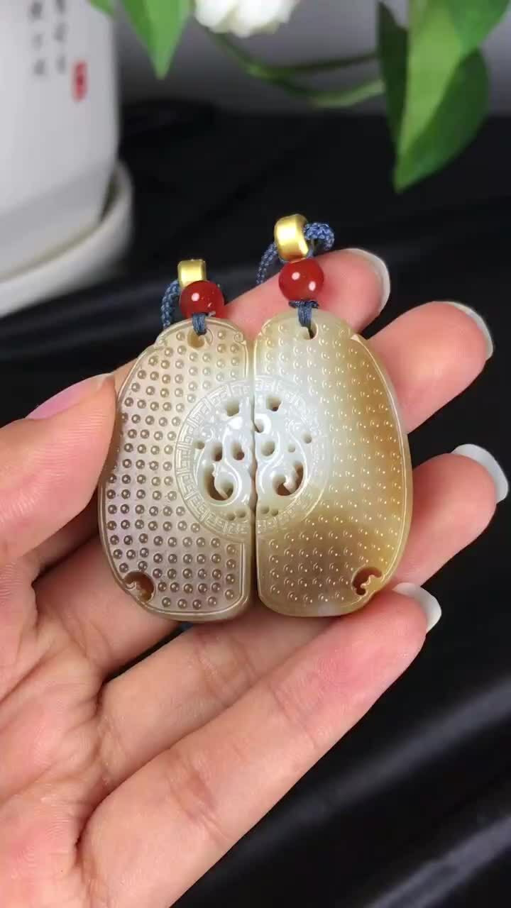 和田玉龍鳳呈祥對牌,天然和田玉軟玉