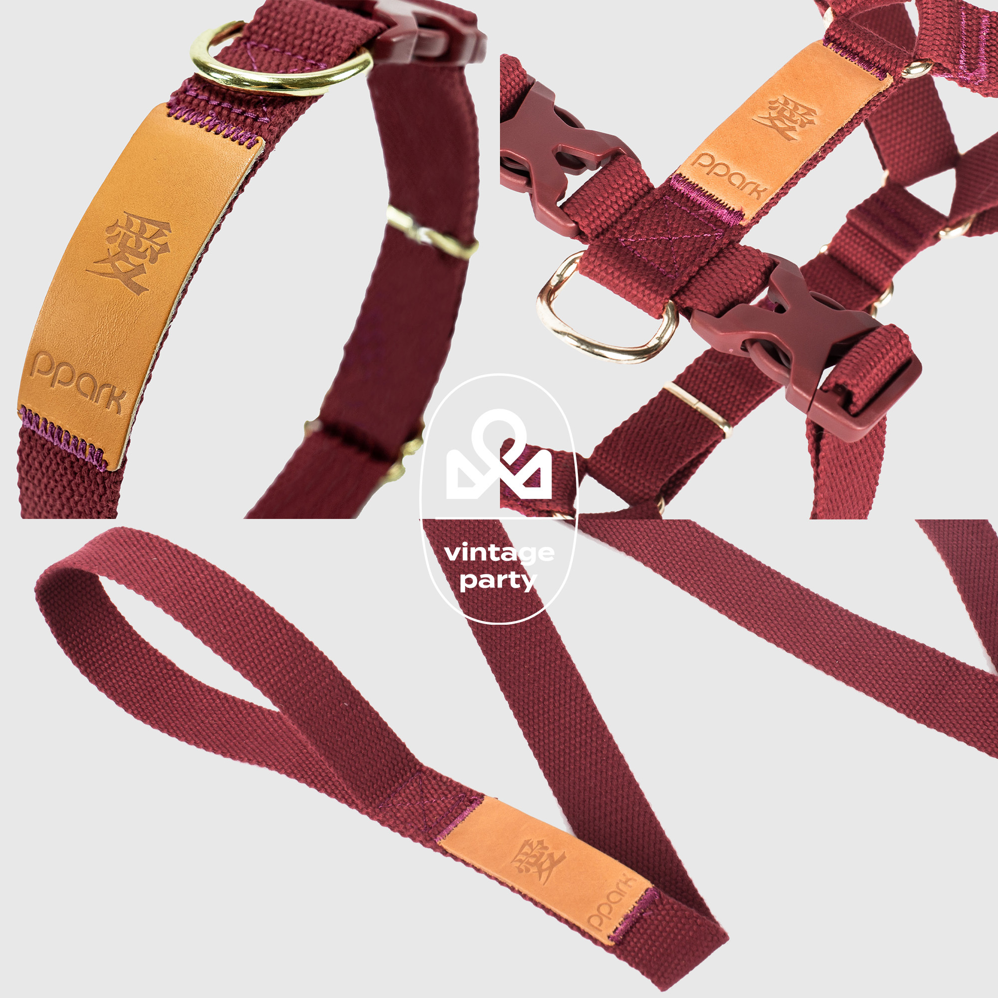 Vintage-項圈/胸背帶/拉繩（三件套組）