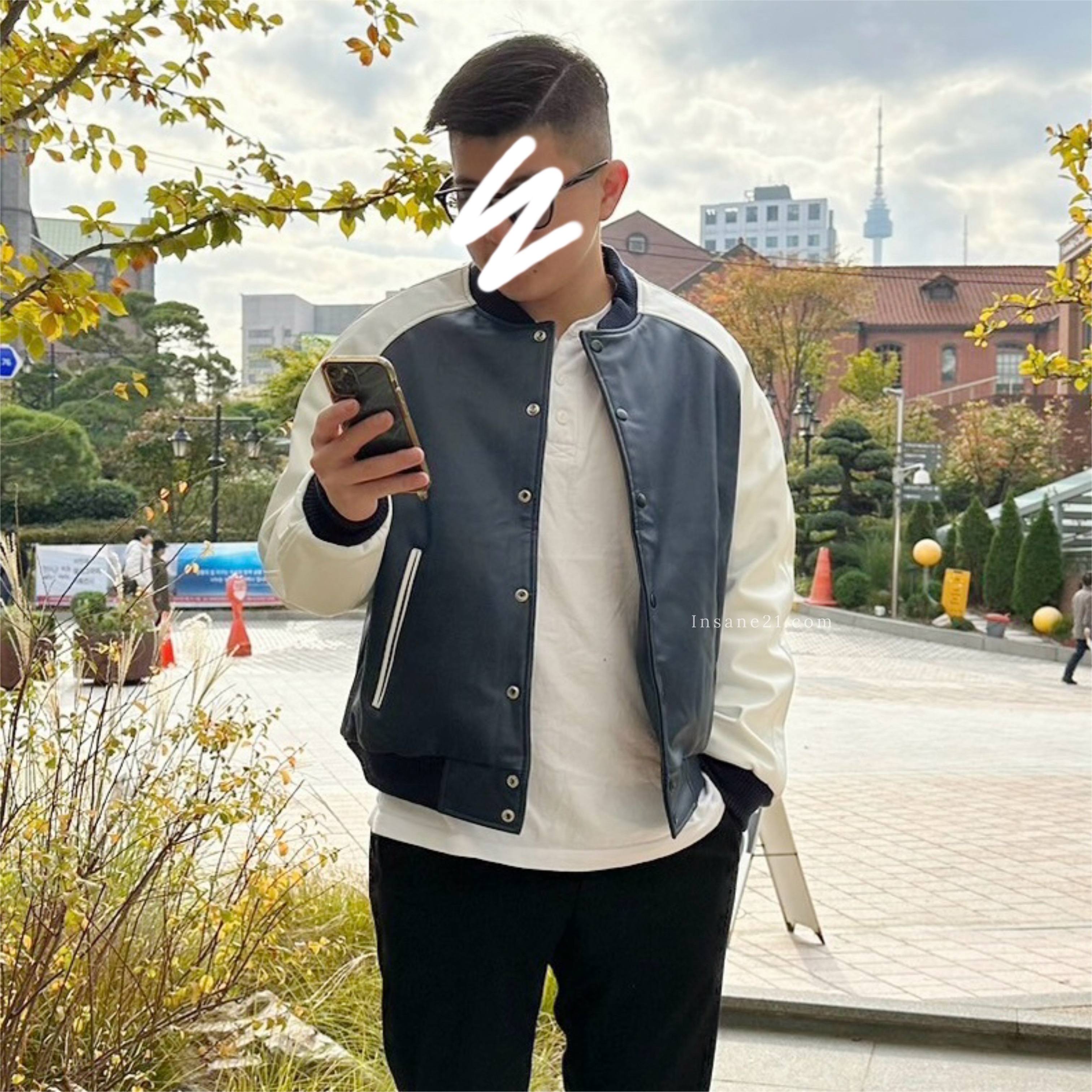 韓國 拼接皮革 棒球外套 實著實穿 藍