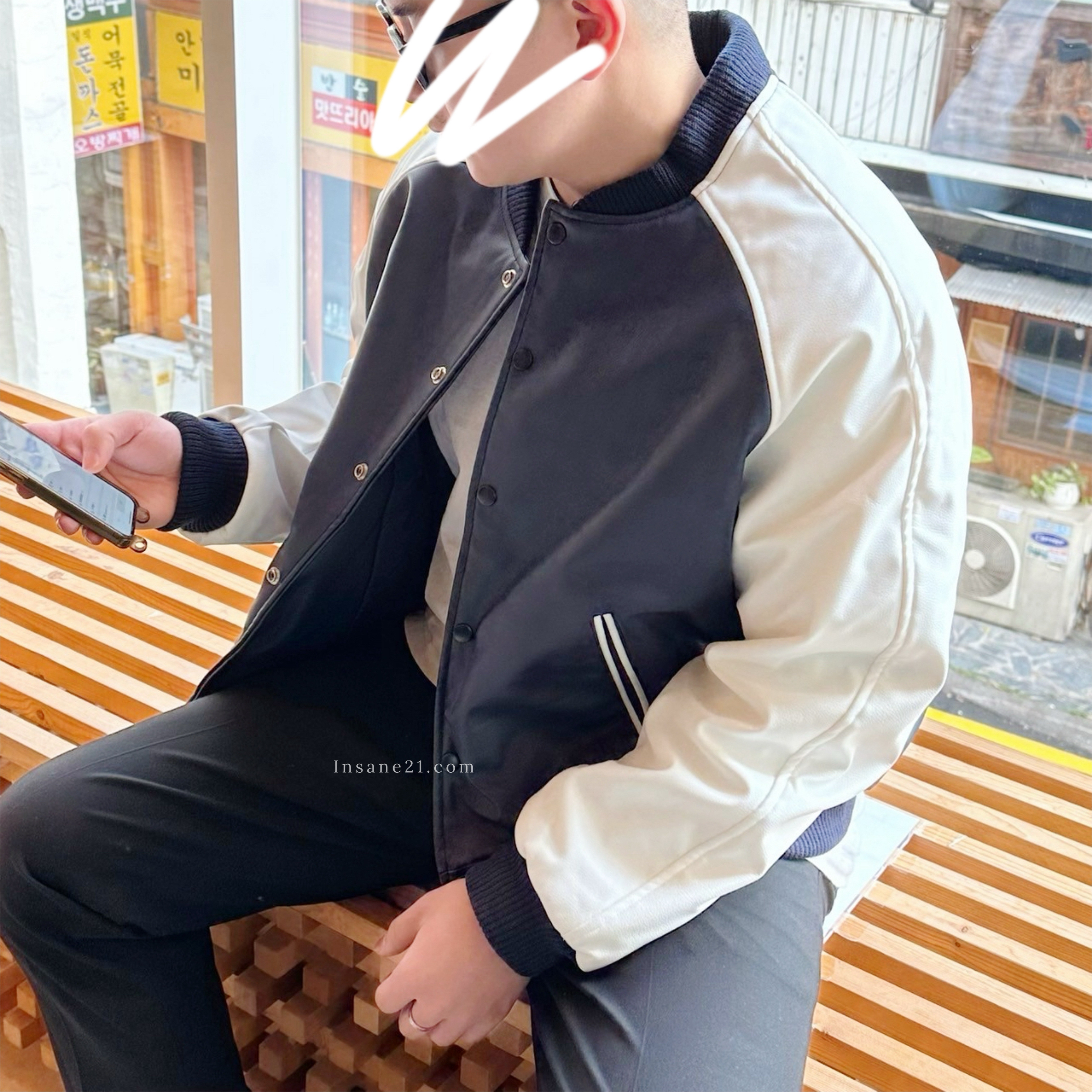 韓國 拼接皮革 棒球外套 實著實穿 藍