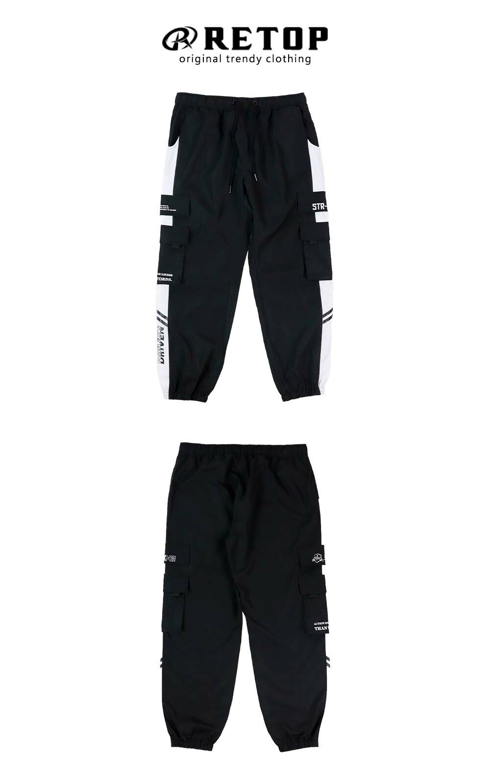RETOP 美式嘻哈拼接口袋縮口褲 黑