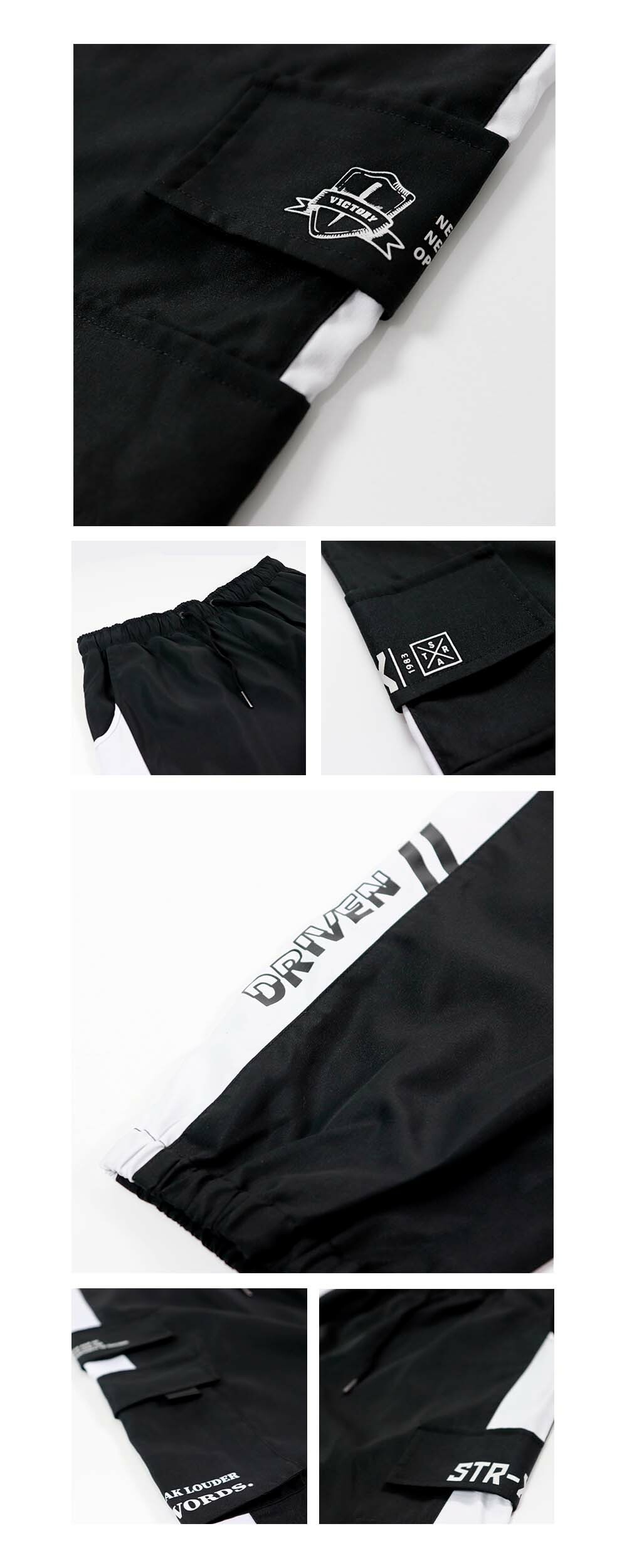 RETOP 美式嘻哈拼接口袋縮口褲 黑