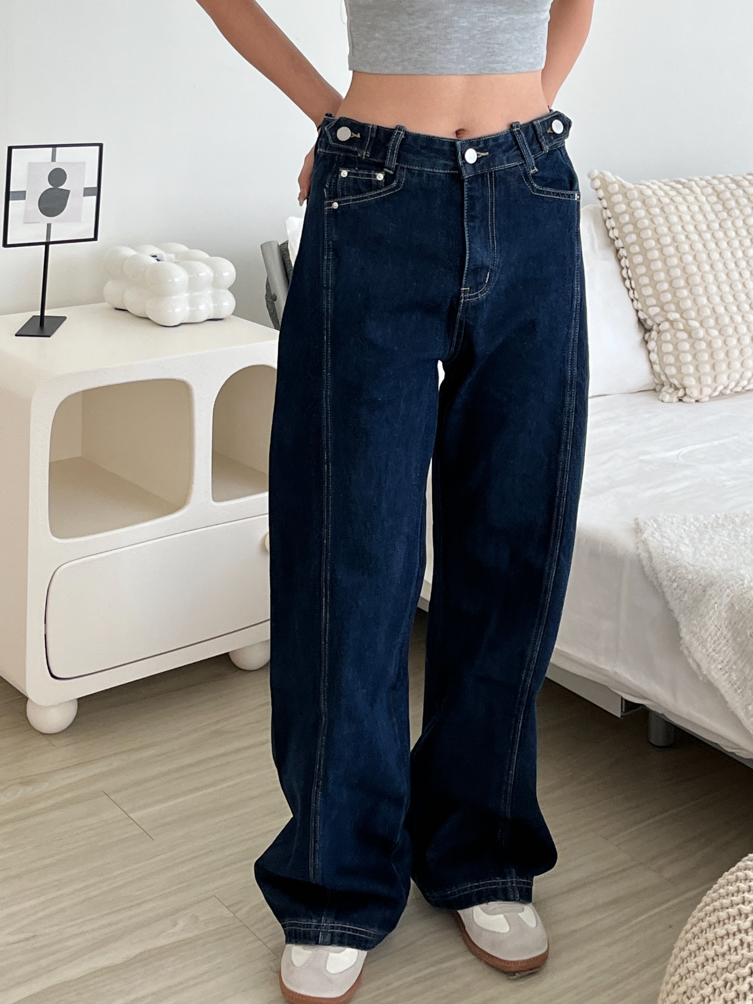 69821高個必帶！調節釦落地牛仔寬褲