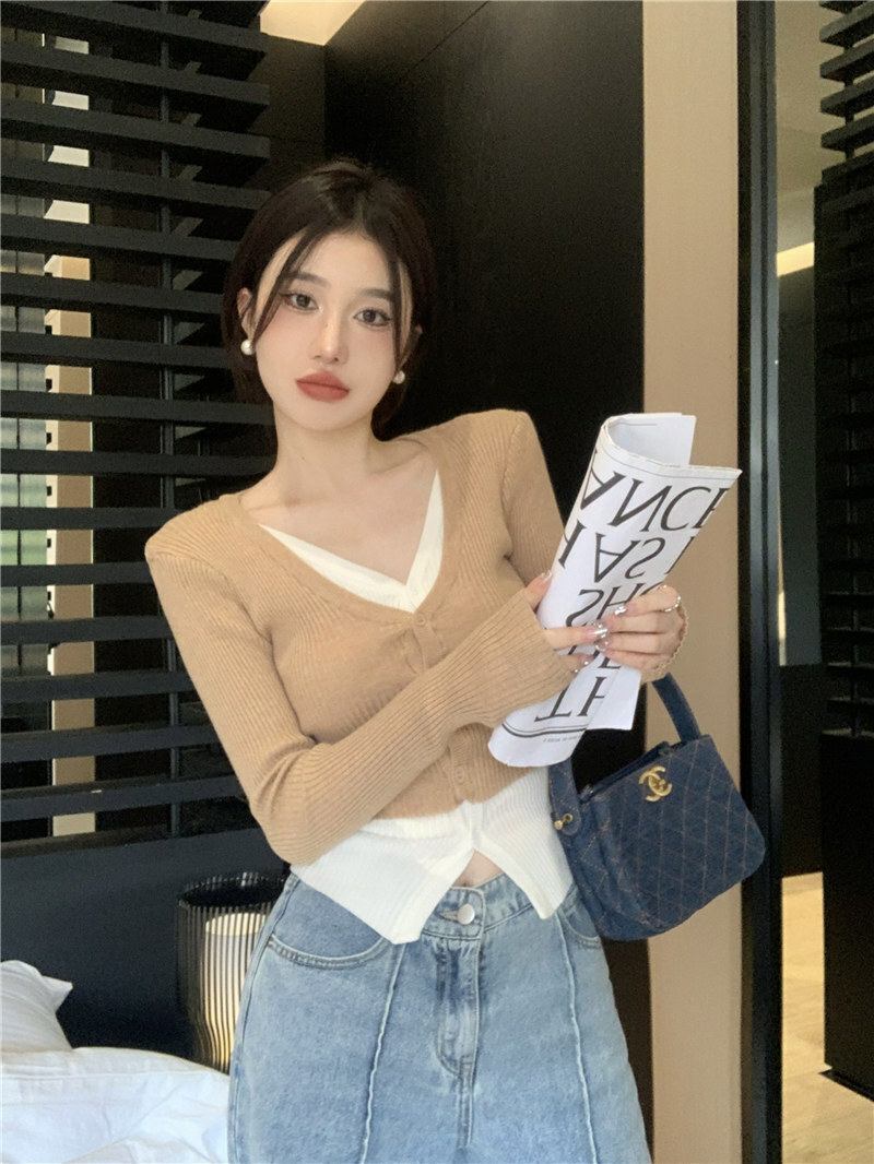 假2件V領針織上衣(黑/奶茶)