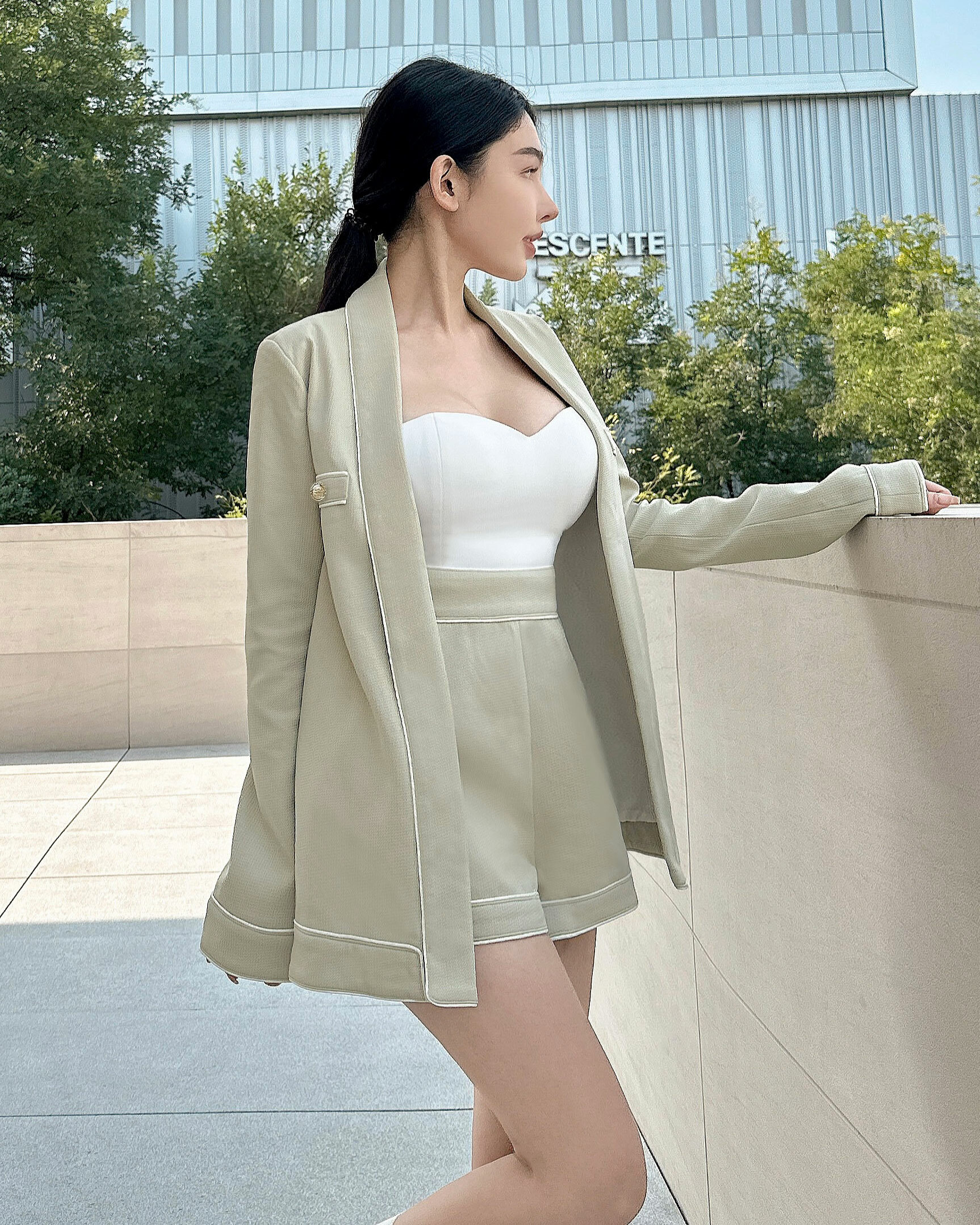 訂製-小香織紋撞色邊條開襟套裝