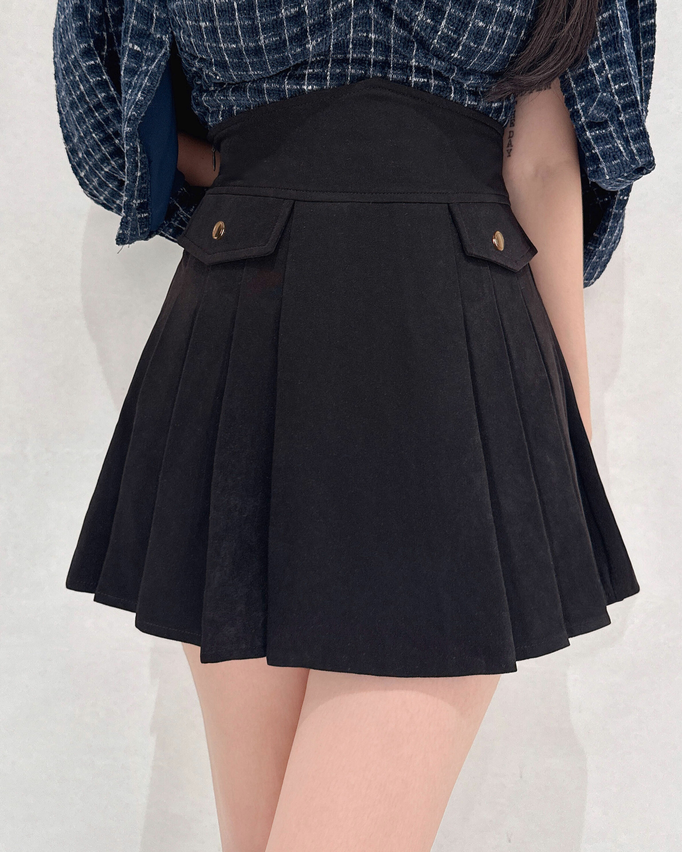 訂製-質感仿絨金釦百褶裙