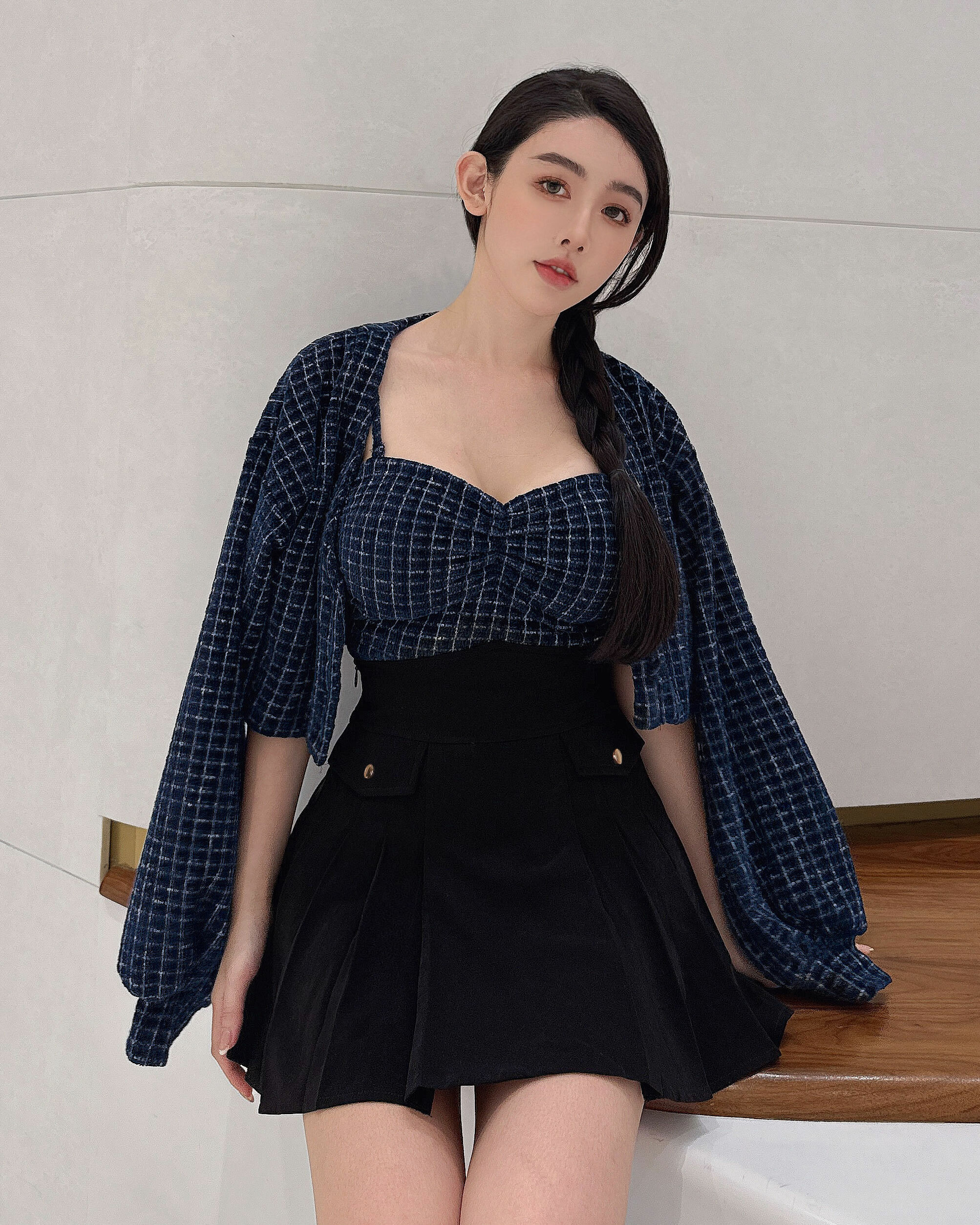 ⭒訂製-格紋絨平口兩件式罩衫