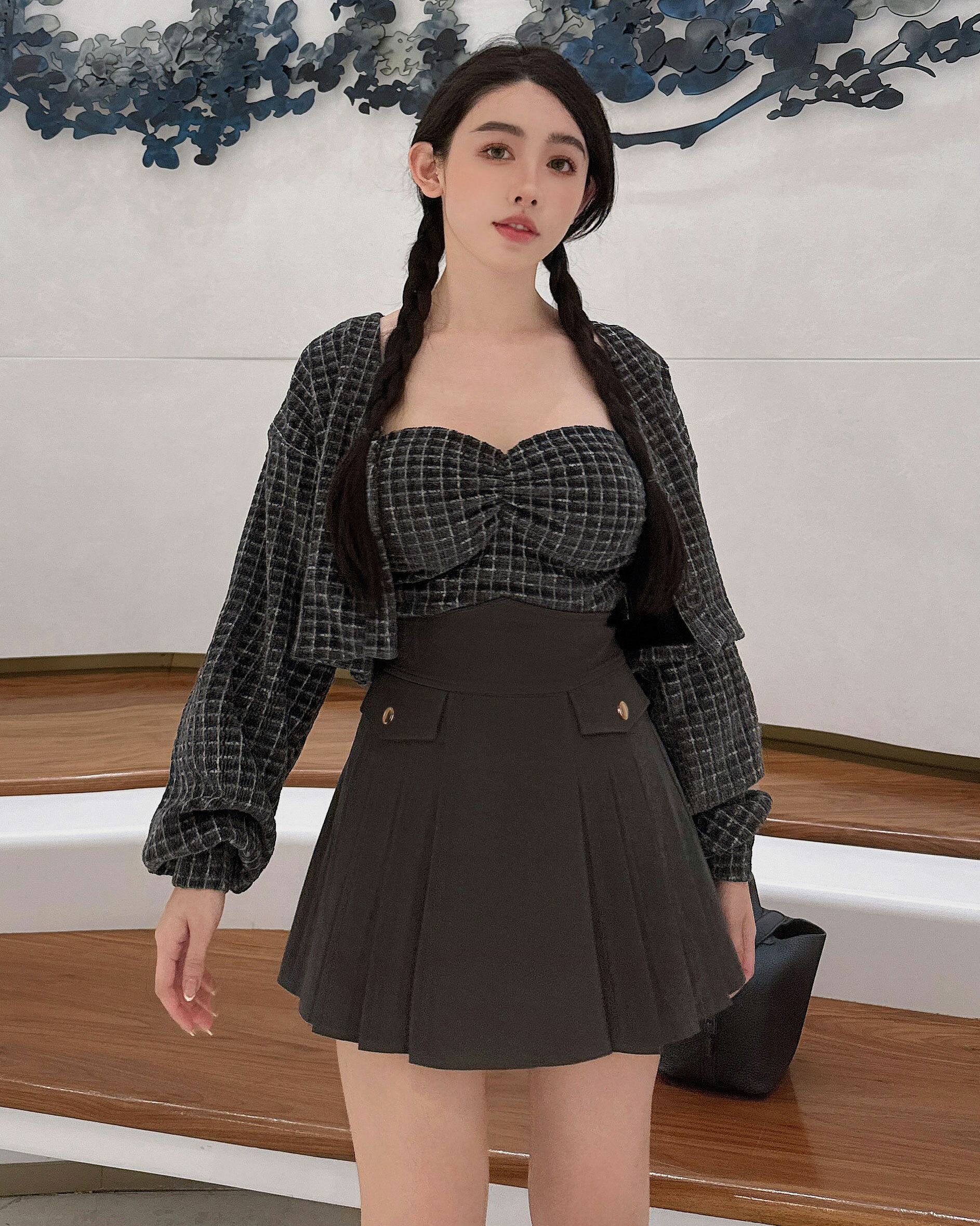 ⭒訂製-格紋絨平口兩件式罩衫