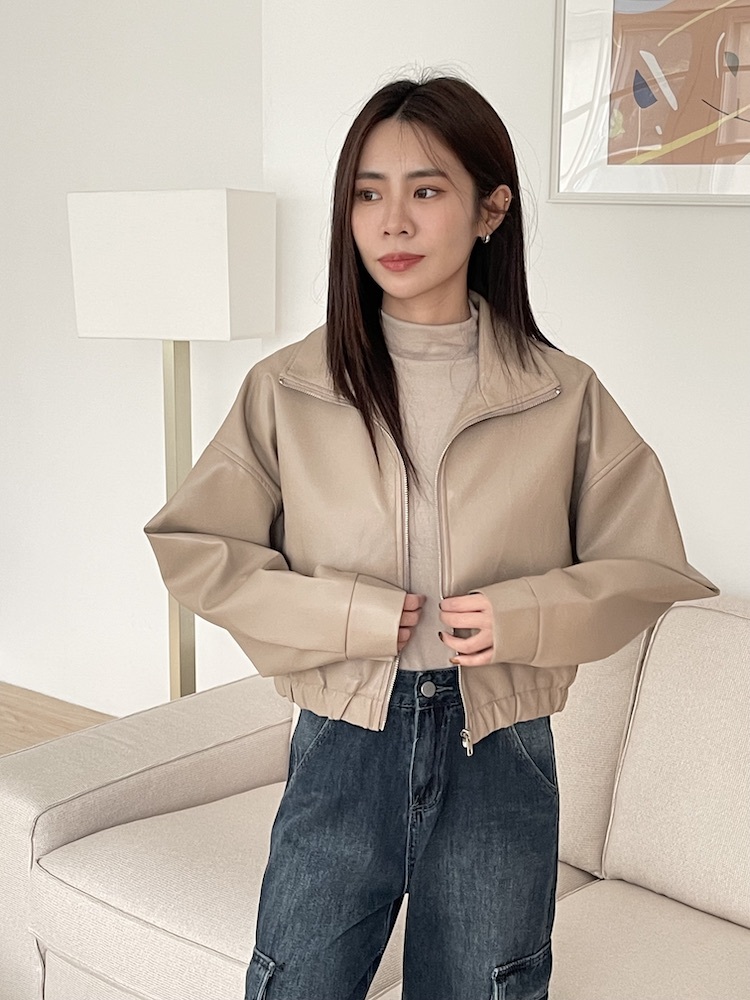 門市熱銷 歐膩短版拉鍊皮外套