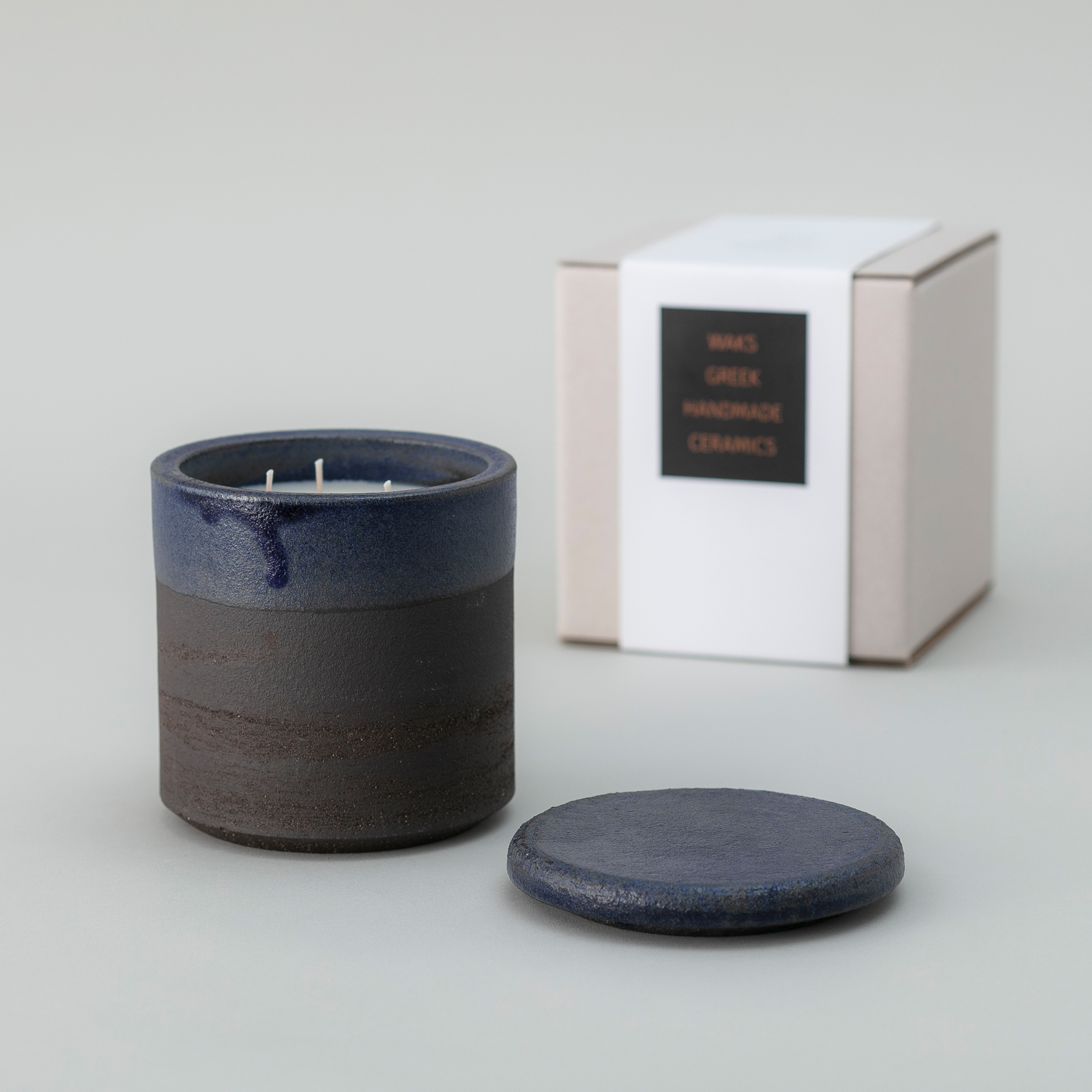 WAKS 手製粗陶工藝系列三燭芯香氛蠟燭藍瓶-無花果