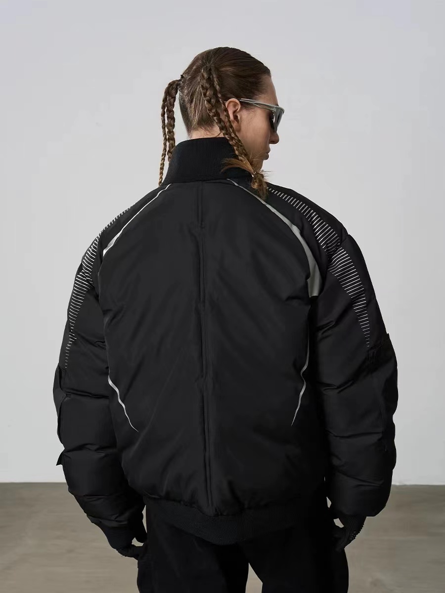 Harsh and Cruel 賽車元素銀色多口袋立領鋪棉外套 HX233040499