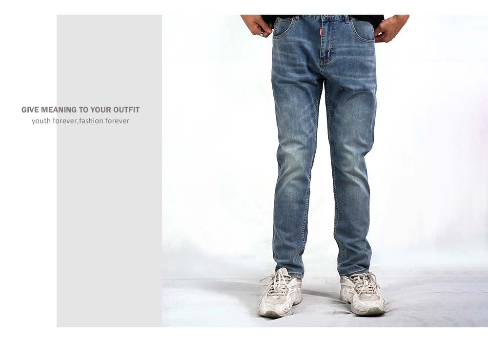 RETOP 牛仔系列 口袋壓印彈性窄版牛仔褲 藍