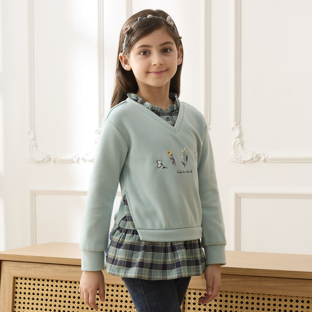 PIPPY高雅格紋繡花假兩件長袖上衣 綠