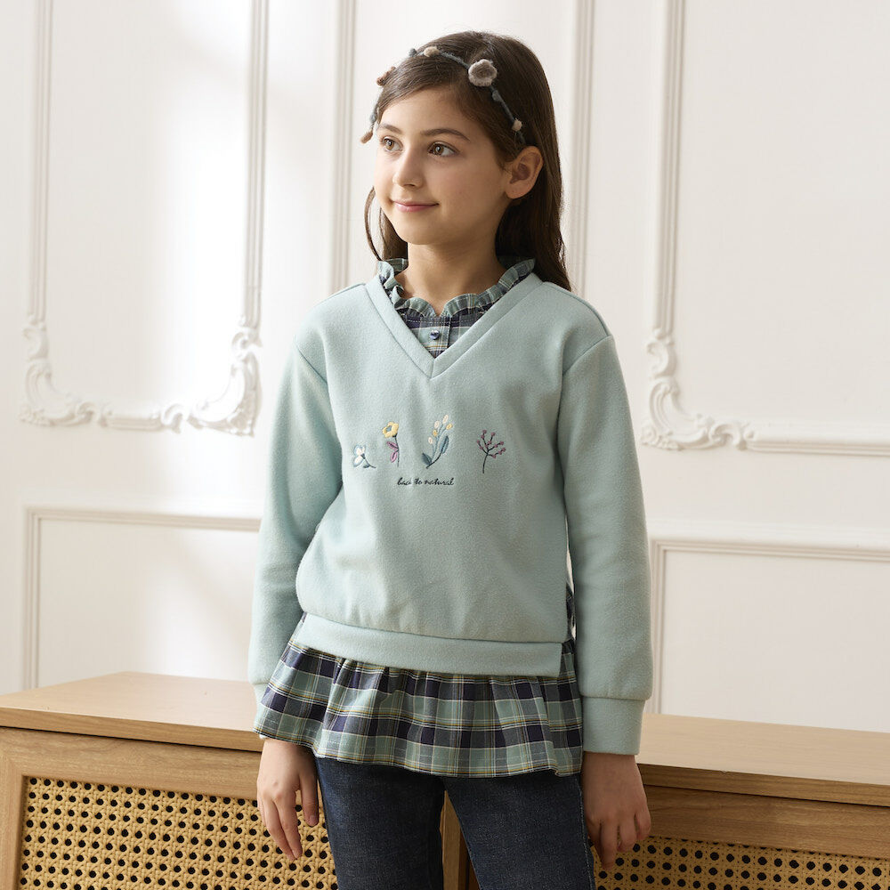 PIPPY高雅格紋繡花假兩件長袖上衣 綠