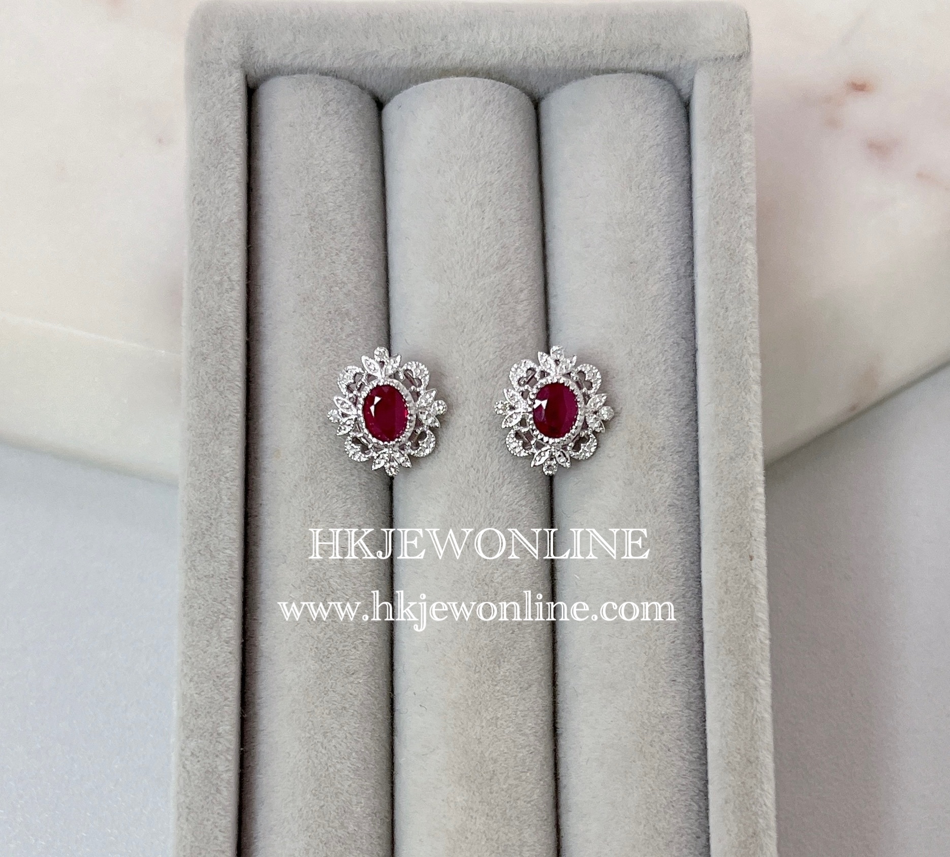 18K白金紅寶鑽石耳環