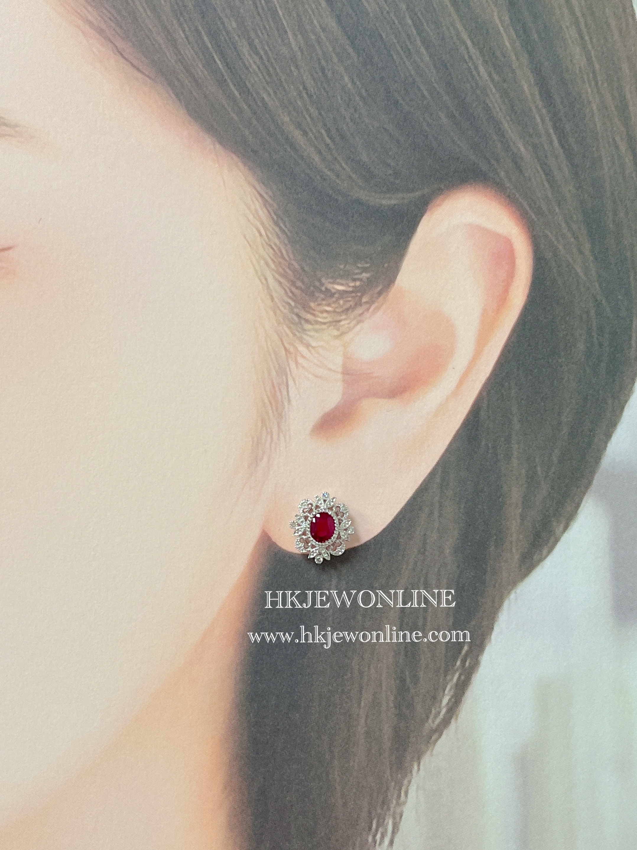 18K白金紅寶鑽石耳環