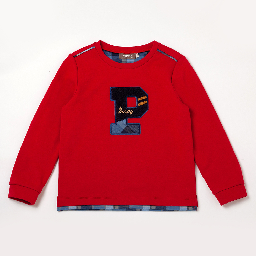 PIPPY 剪接格紋字母圓領長袖上衣 紅