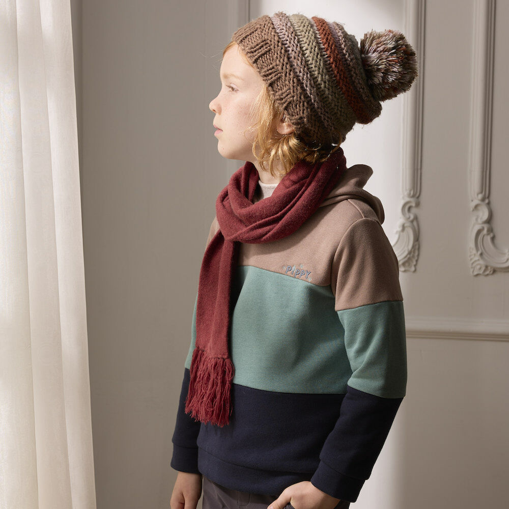 PIPPY 寬版橫條暖暖內刷毛連帽長袖上衣 藍