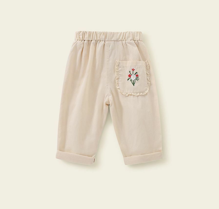 I34BE_A11_C: 米色刺繡花花休閒褲(pre-order)