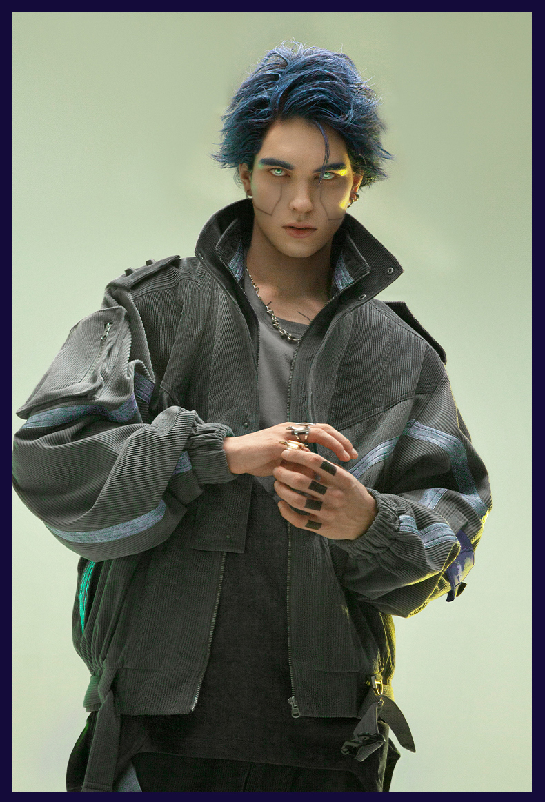 不作惡「巡影夾克」賽博龐克燈芯絨拼皮雙領口機車風街頭短夾