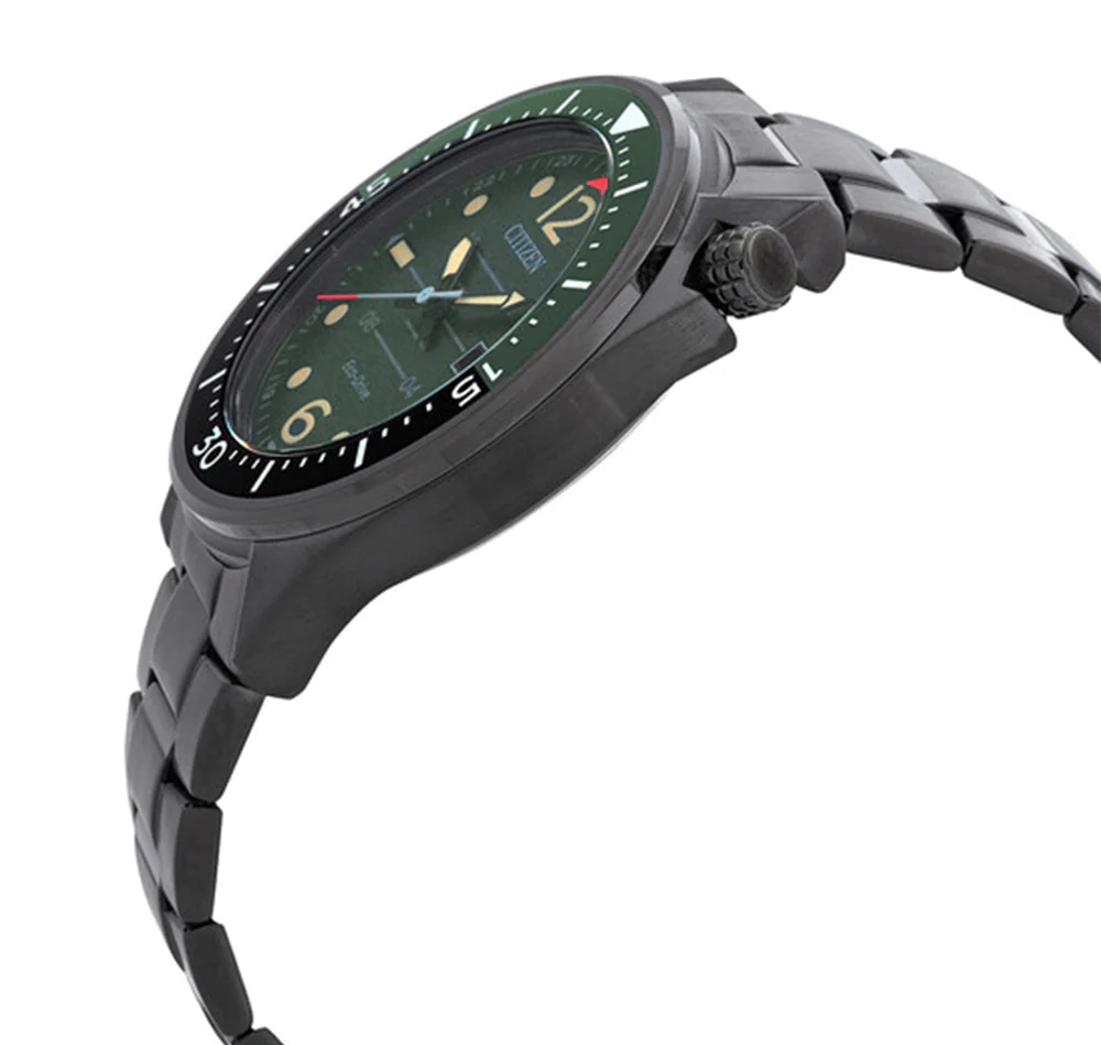 萬年鐘錶 - Citizen 星辰錶 潮男時尚全黑款綠色面盤光動能男錶 AW1717-81X  錶徑44MM