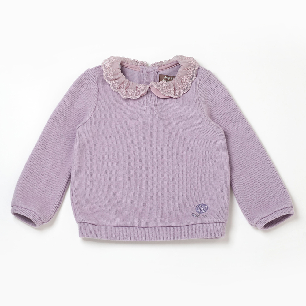 PIPPY浪漫蕾絲領長袖棉質上衣 粉紫