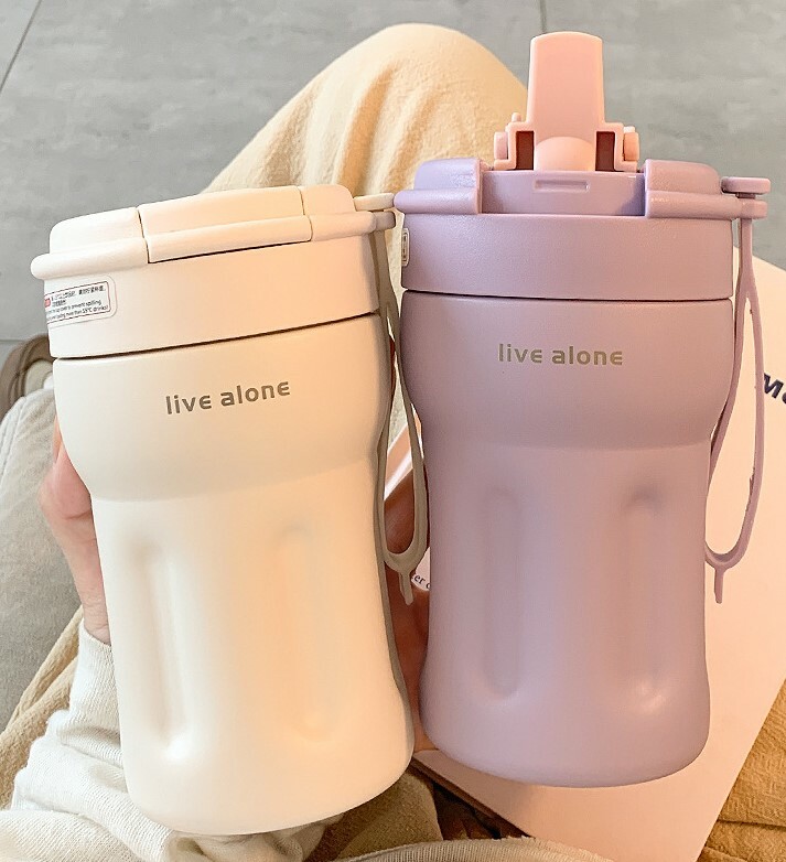 《3285》live alone帶吸管不鏽鋼保溫杯400ML